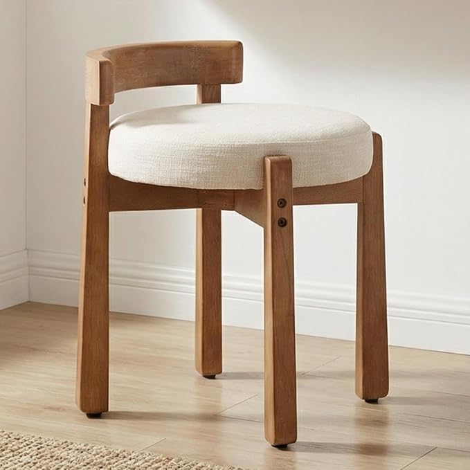 HNY Modern Linen Ottoman- Low-Back Makeup Seat & Lounge Footrest with Solid Wood Frame, Casual Style for Bedroom Dressing Area, Beige