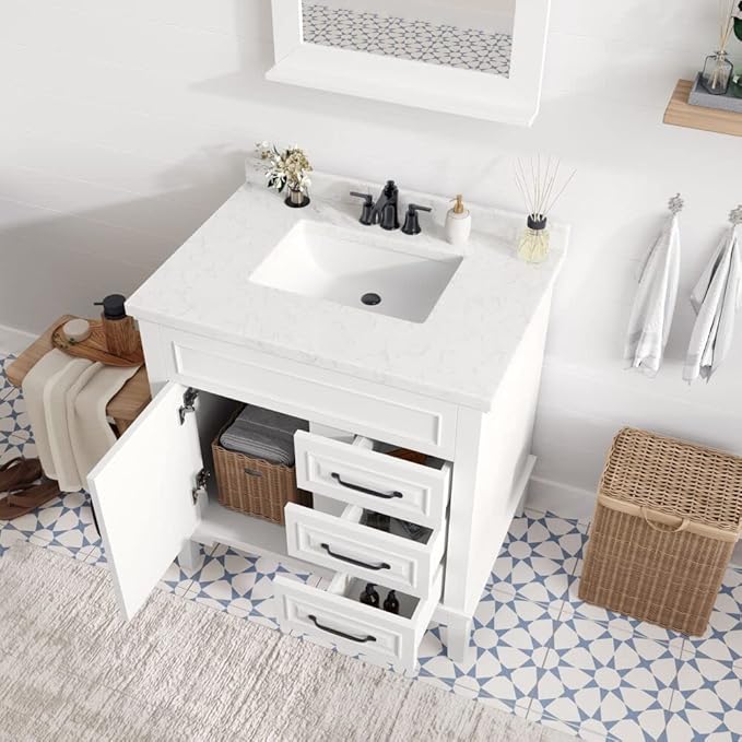 Hanover 31 Set Includes w, White Lanesboro 31'' Vanity Sink Combo for Bathroom, Powder Room | Pre-Assembled 1 Door, 3 Drawers | Accent Mirror | Artificial Stone Countertop, Cabinet, 31 inches