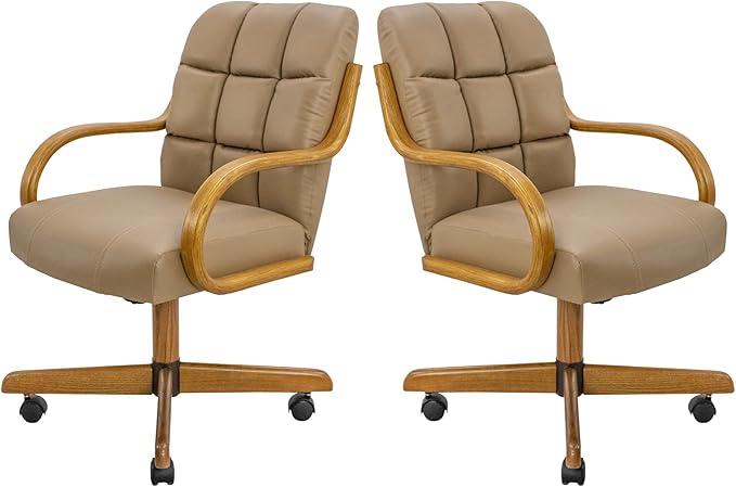 Chromcraft Douglas Set of 2 Classic Caster Swivel Tilt Dining Chairs Swivel Tilt Dining Chairs, Kitchen Chairs (Taupe-Chestnut)