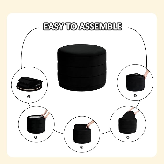 PINPLUS Large Round Velvet Storage Ottoman, Black Upholstered Footstool with Hidden Storage, Sturdy Coffee Table Ottoman for Living Room & Bedroom