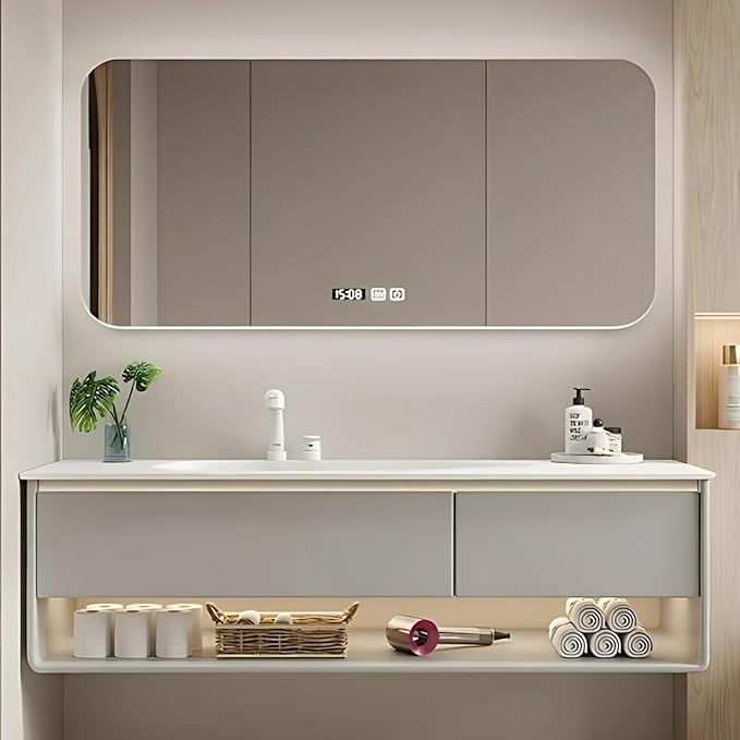 60IN Grey Bathroom Vanity Set - Floating Bathroom Vanity with Single Sink | Including LED Smart Defogging Mirror Cabinet & Time Display Function, Equipped with Motion Sensing Light Strip (Style A)