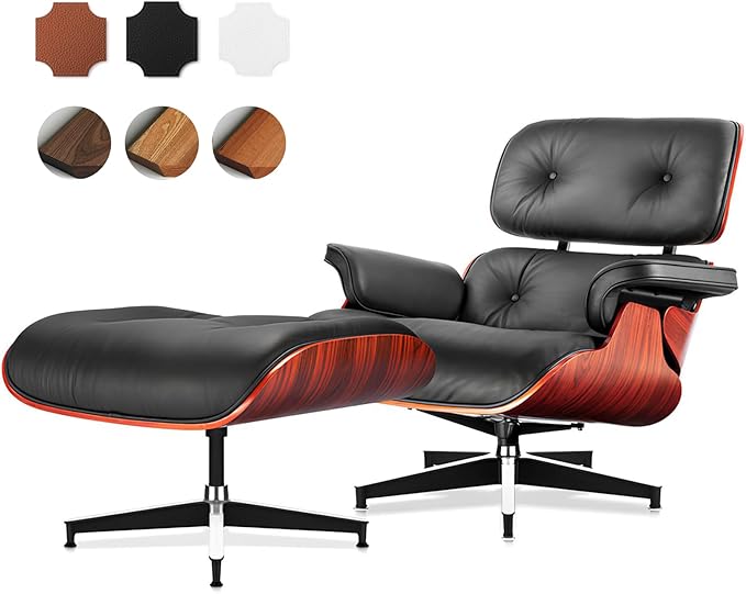 Top Black Grain Leather, Mid Century Chaise Lounge Chair and Ottoman, Modern Chair Classic Design, Heavy Duty Base Support for Living Room Study Lounge Office, Darkrosewood, Heightening