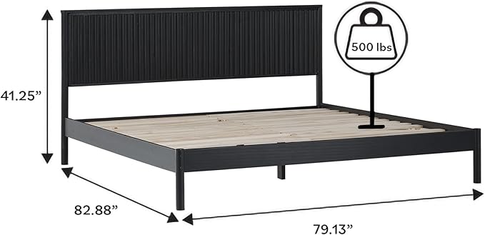 Walker Edison King Modern Reeded Headboard Solid Wood Bed, King Size, Black