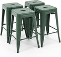 Vogue Furniture Direct 24 Inch Metal Bar Stools, Backless Counter Height Barstools, Indoor Outdoor Stackable Stools with Square Seat, Set of 4 (Dark Green)