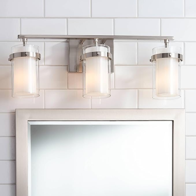 Possini Euro Design Kazran Modern Wall Light Brushed Nickel Slender Hardwire 21 1/4" 3-Light Fixture Frosted White Glass Shade for Bedroom Bathroom Bedside Vanity Living Room Mirror Hallway Dining