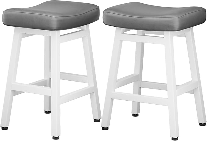 Counter Height Bar Stools Set of 2, 24 Inch Barstools for Kitchen Counter, Kitchen Stools with Bonded Leather Saddle Seats & Heavy Duty Metal Legs, Easy Assembly, Gray/White