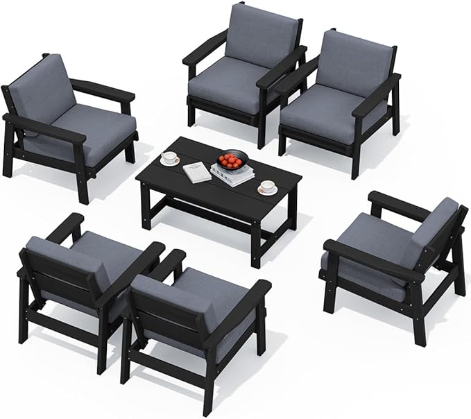 SERWALL HDPE Outdoor Furniture Set, 7 Piece All Weather Wood-Like Outdoor Sofa Sectional Couch, Black Patio Furniture Set with Grey Cushions