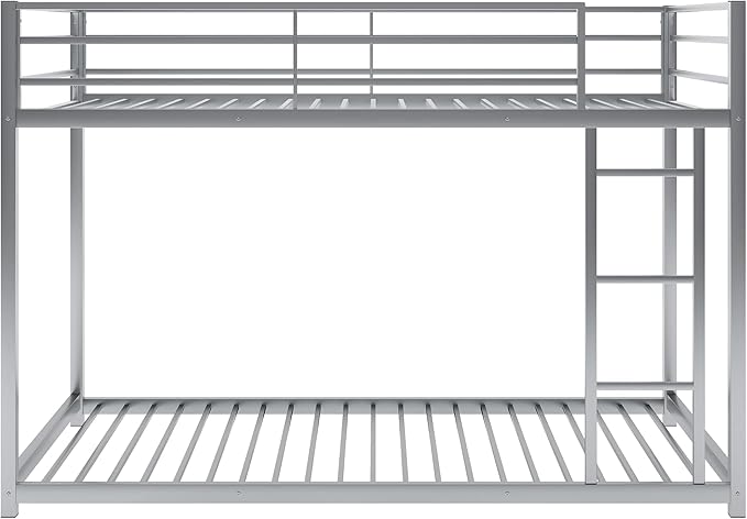Twin Over Twin Metal Bunk Bed with Full-Length Guardrail,Low Bed Frame W/Ladder, Steel,No Noise,Bedroom Furniture for Adult Kid Boy Girl Teen,Silver