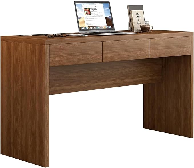 Executive Desk with Drawers, Computer Desk with Drawers with Pre-Embedded Slots, 55 inch Modern Walnut Home Office Desk with Charging Station for Study, Living Room, Bedroom