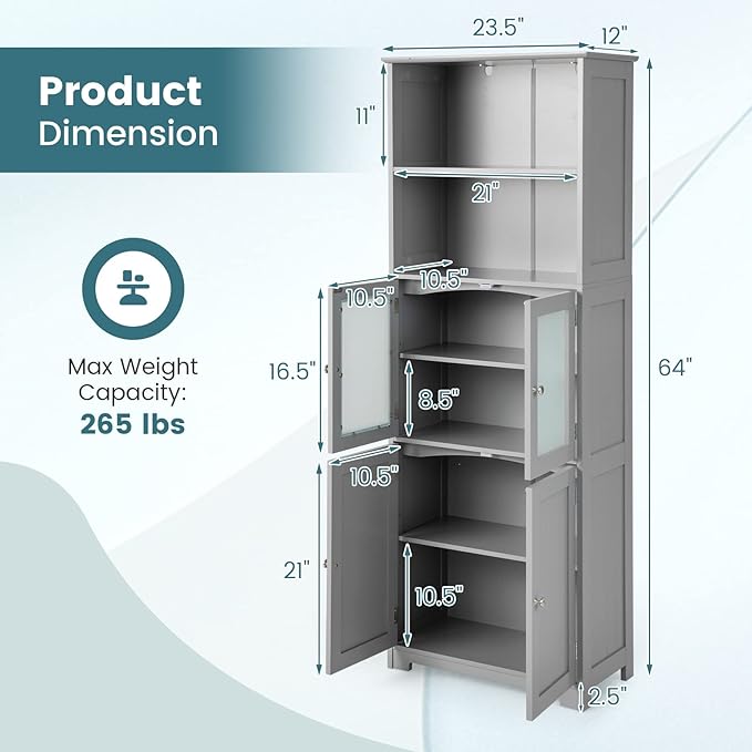 LOKO Tall Bathroom Cabinet, Modern Storage Organizer with Doors & Open Shelves, Wooden Floor Cabinet with Adjustable Shelves for Bathroom, Living Room or Kitchen (Grey)