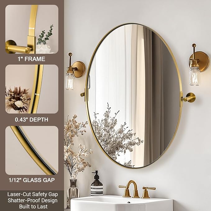 ANDY STAR Gold Bathroom Mirror, 20" x 30" Tilting Vanity Oval Mirror for Wall, Brushed Gold Stainless Steel Metal Frame Pivot Mirror Hangs Vertically Wall-Mounted