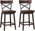 COSTWAY Swivel Bar Stool Set of 2, 24 Inch Ergonomic Counter Height Chairs with Open X Back & Footrest, 2PCS Vintage Wooden Barstools for Kitchen Island, Pub, Bistro, Café, Brown (2, 24 inch)