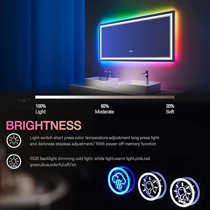 40x36 Inch RGB LED Bathroom Mirror with Lights, Color Changing RGB Backlit LED Mirror for Bathroom,Lighted Vanity Mirrors for Bathroom Wall, Dimmable, Anti-Fog (RGB Backlit+Front-Lit)