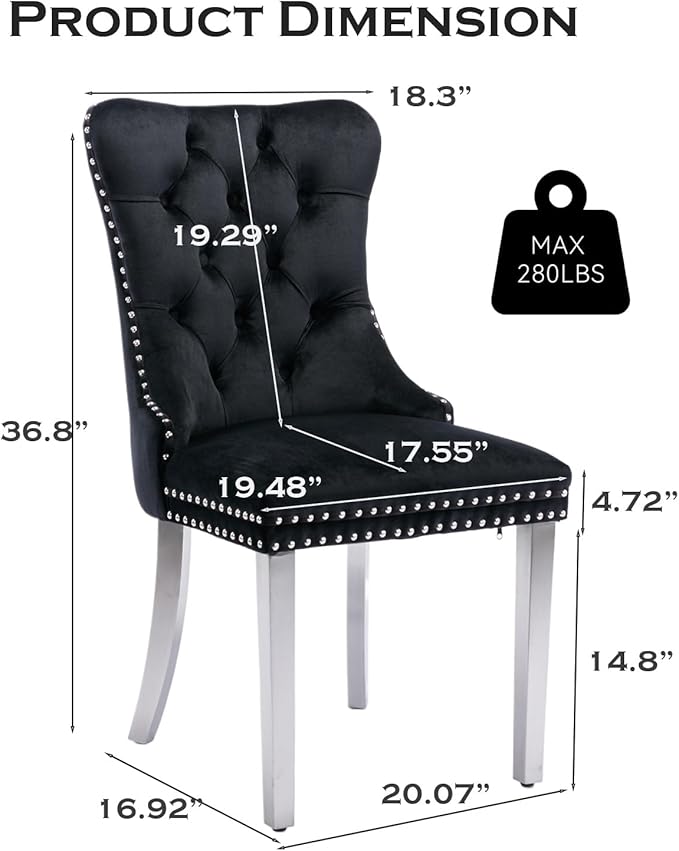 Velvet Upholstered Dining Chairs Set of 6, Modern Style Kitchen Side Chairs with Nailhead Trim and Silver Plated Leg, Metal Pulling Ring for Dining Room Living Room(Black, Set of 6)