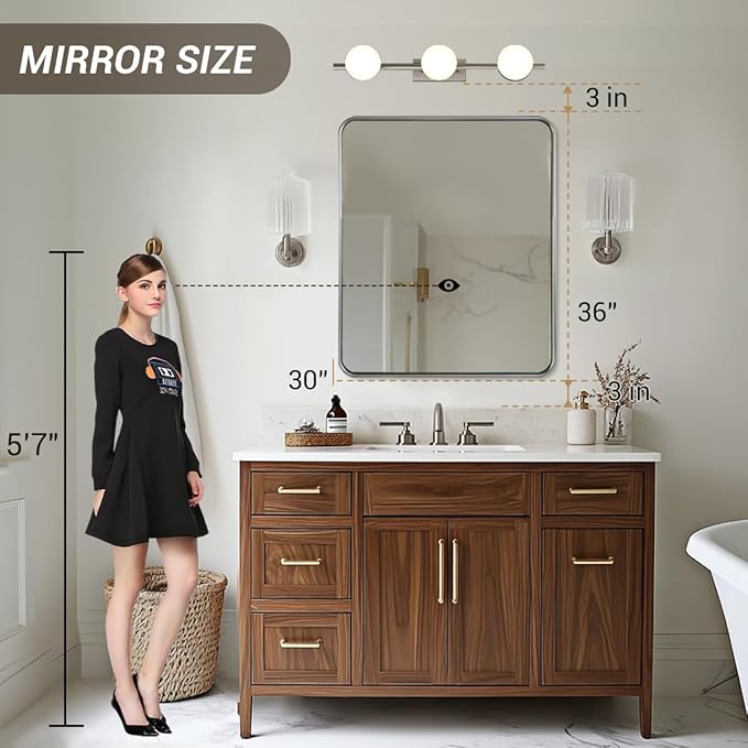 ANDY STAR Wall Mirror for Bathroom, 30x36 Inch Brushed Nickel Bathroom Rectangle Mirror, Modern Rectangular with Thick Tube Metal Frame for Vanity Over Sink, Horizontal/Vertical