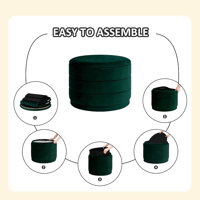 PINPLUS Large Round Velvet Storage Ottoman, Bottle Green Upholstered Footstool with Hidden Storage, Sturdy Coffee Table Ottoman for Living Room & Bedroom
