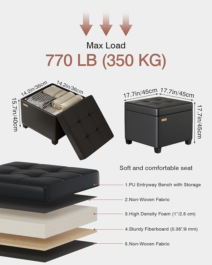 17.7 inches Synthetic Leather turfed Ottomans Cube with Legs, Metal-Framed Square Storage Ottoman Foot Rest Stool Holds 770 LB for Dorm Living Room Bedroom Black UASND63B