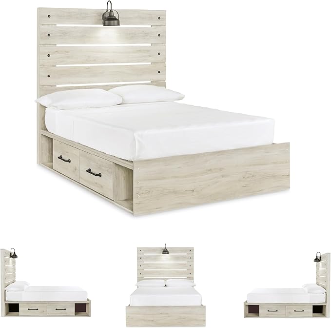 Signature Design by Ashley Cambeck Farmhouse Full Panel Platform Bed with 4 Storage Drawers, Sconce Light and USB Ports, Foundation or Box Spring Not Needed, Whitewash
