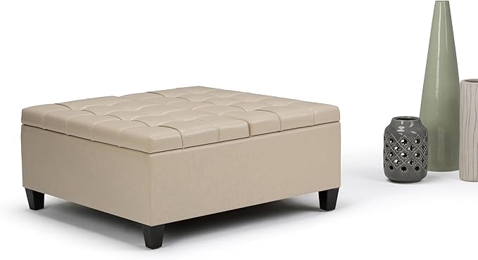 SIMPLIHOME Harrison Coffee Table Storage Ottoman - 36 inch Wide Upholstered Vegan Leather Square Lift-Top Ottoman in Satin Cream, Transitional Ottoman for Living Room with Hidden Storage