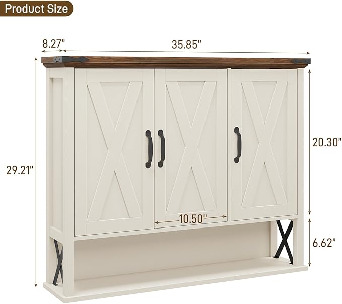 Bathroom Wall Cabinet, Farmhouse Medicine Cabinet with Adjustable Wood Shelf & 3 Doors, Over The Toilet Storage Cabinet for Wall Mounted for Bathroom Laundry Room Kitchen, White and Brown