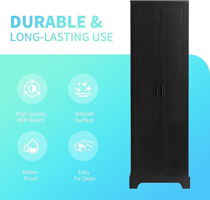 Tall Freestanding Storage Cabinet, Multi-Purpose Floor Organizer with 2 Doors & 5 Adjustable Shelves for Bathroom, Office, Living Room, Black