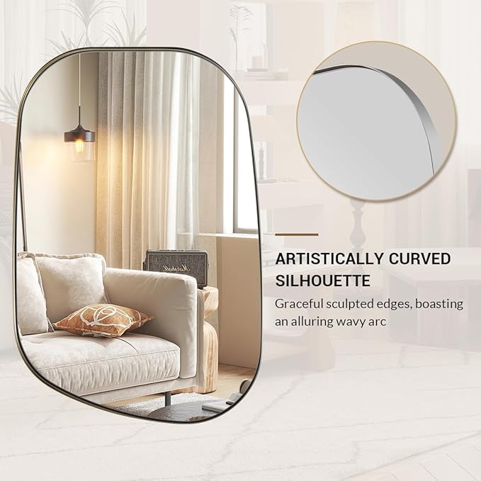 ANDY STAR 24"x40" Irregular Wall Mirror，Polished Chrome Asymmetrical Bathroom Mirror with Stainless Steel Metal Frame, Wall-Mounted Mirror for Bathroom, Entryway (Horizontal/Vertical)
