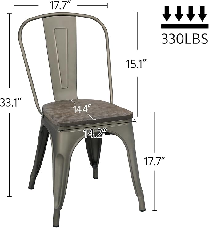 Yaheetech Metal Dining Chairs with Wood Seat/Top Stackable Side Chairs Kitchen Chairs with Back Indoor-Outdoor Classic/Chic/Industrial/Vintage Bistro Cafe Trattoria Kitchen Gun Metal, Set of 4