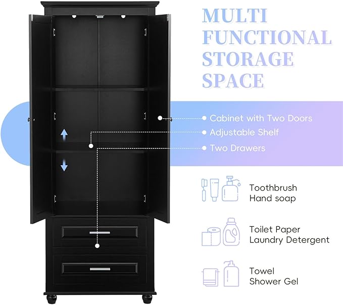 Polibi Tall Storage Cabinet with 2 Drawers, 3-Tier Adjustable Shelves & 2 Doors, Floor Freestanding Cabinet for Bathroom, Living Room, Black