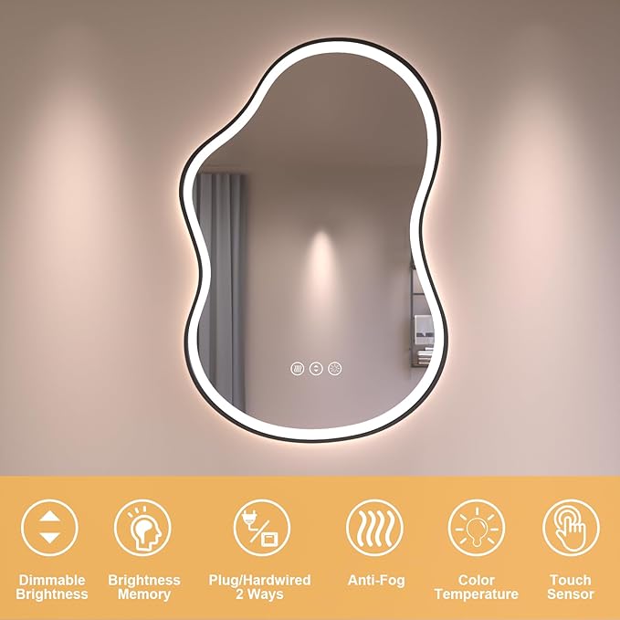 WTTY LED Irregular Bathroom Mirror 20x36 Inch with Front & Back Lights - Asymmetrical Design, Anti-Fog, Dimmable 3 Color Temperatures, Shatterproof Glass, Horizontal or Vertical Mount (Black Frame)