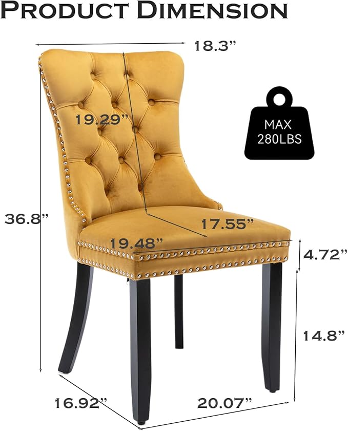 Velvet Upholstered Dining Chairs Set of 4, Modern Style Kitchen Side Chairs with Nailhead Trim and Wood Legs,Metal Pulling Ring for Dining Room Living Room(Gold)
