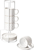 LE TAUCI Stackable Espresso Cups 4 oz with Saucers and Stand, Ceramic Embossment Coffee Cup for Double shot, Lungo, Ristretto, Dishwasher Oven Safe - Set of 4, Arctic white