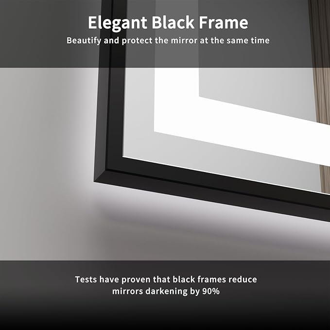 LED Mirror, 40x32 Inch Black Framed Gradient Front and Backlit Bathroom Mirror with Lights, 3 Colors Dimmable CRI>90, IP54 Enhanced Anti-Fog Wall Mounted LED Bathroom Mirror