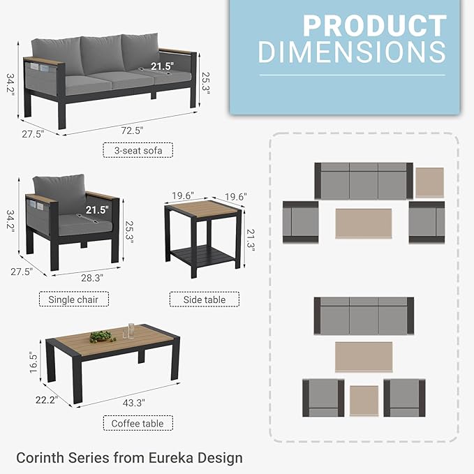 Corinth 2-Piece Aluminum Patio Conversation Set - Outdoor, Porch, Balcony, Yard, Gardern, All Weather, 1 Ergonomic Design 3 Seater Sofa and 1 Coffee Table, Grey