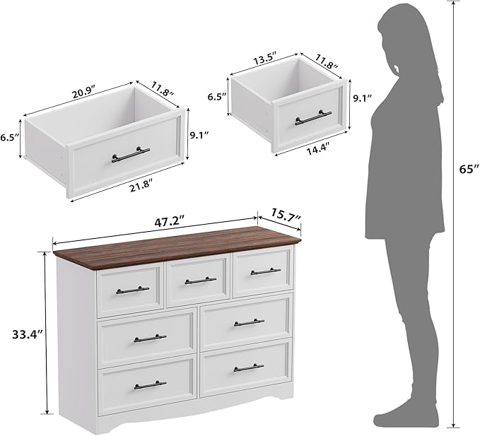 White Farmhouse Dresser for Bedroom, Modern 7 Chest of Drawers, 47" Wide Chest of Drawers w/Brushed Metal Handle, Wood Dresser TV Stand and Storage Cabinet for Bedroom, Living Room, Hallway