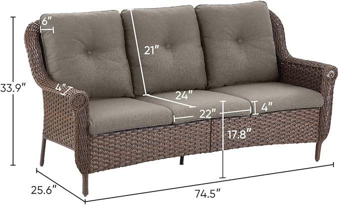 Patio Couch Outdoor Wicker Sofa - Heavy Duty All-Weather Brown Rattan 3-Seater with High Back and Comfortable Thick Cushions for Garden Back Porch Poolside Apartment - Grey