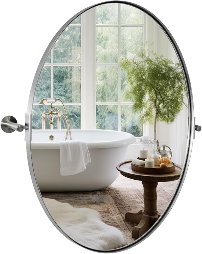 ANDY STAR Brushed Nickel Bathroom Mirror, 22 x 34 Inch Oval Pivot Mirror for Wall, Unique Farmhouse Tilt Mirror in Slim Silver Stainless Steel Metal Frame for Bedroom, Powder Room