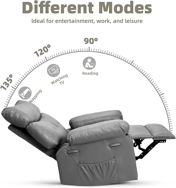 GarveeHome Oversized Recliner Chairs, Classic Manual Leather Recliner, Home Theater Seating with Lumbar & Arms Support for Living Room, Bedroom and Nursery - Grey