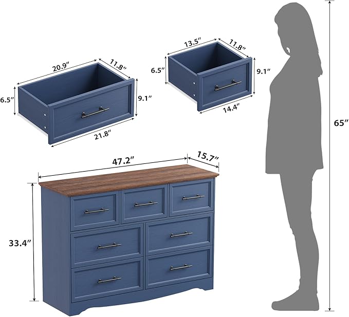 Blue Farmhouse Dresser for Bedroom, Modern 7 Chest of Drawers, 47" Wide Chest of Drawers w/Brushed Metal Handle, Wood Dresser TV Stand and Storage Cabinet for Bedroom, Living Room, Hallway
