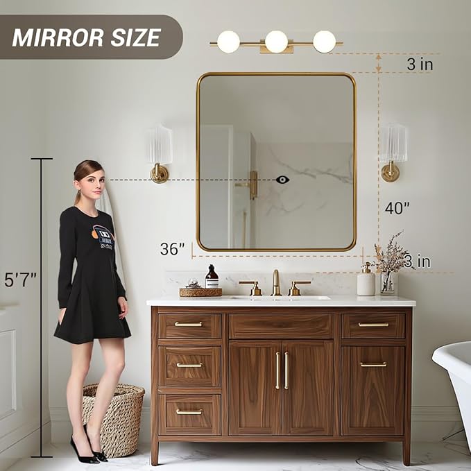 ANDY STAR Brass Mirror, 36x40 Inch Gold Rectangle Mirror for Bathroom with Rounded Corner, Brushed Brass Vanity Rectangular Mirrors with Tube Metal Frame, Wall Mounted