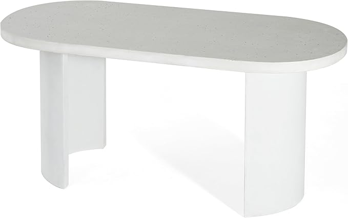 Christopher Knight Home Vicla 3 Pieces Durable Concrete Outdoor Dining Set with Stylish Terrazzo Finish, Patio Dining Table with 2 Benches, Oval Outdoor Patio Furniture Set with Pedestal Base, White