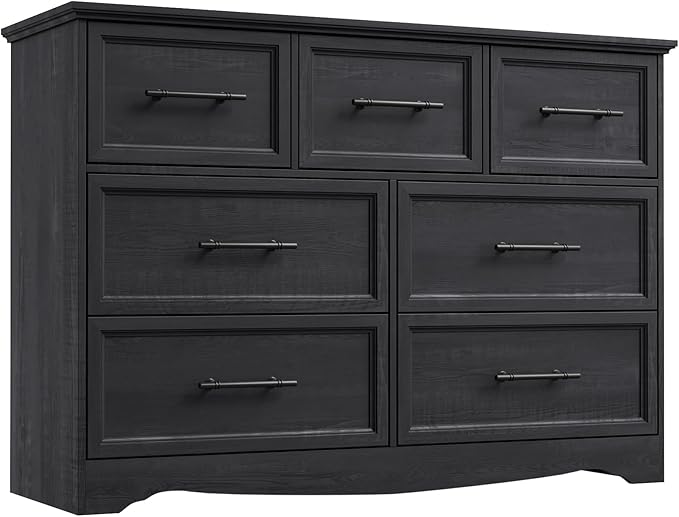 Black Farmhouse Dresser for Bedroom, Modern 7 Chest of Drawers, 47" Wide Chest of Drawers w/Brushed Metal Handle, Wood Dresser TV Stand and Storage Cabinet for Bedroom, Living Room, Hallway