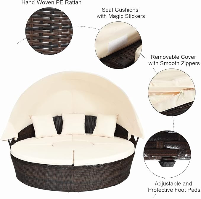 COSTWAY Patio Round Daybed with Retractable Canopy, Wicker Furniture Sectional Couch with Separate Cushioned Seats, Adjustable Table Top, Patio Rattan Daybed Sofa for Backyard, Poolside, White