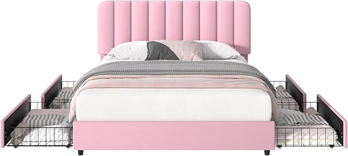 VECELO Full Size Upholstered Bed Frame with 4 Drawers and Headboard, Velvet Platform Storage Bedframe, Wooden Slats Support, No Box Spring Needed,Pink