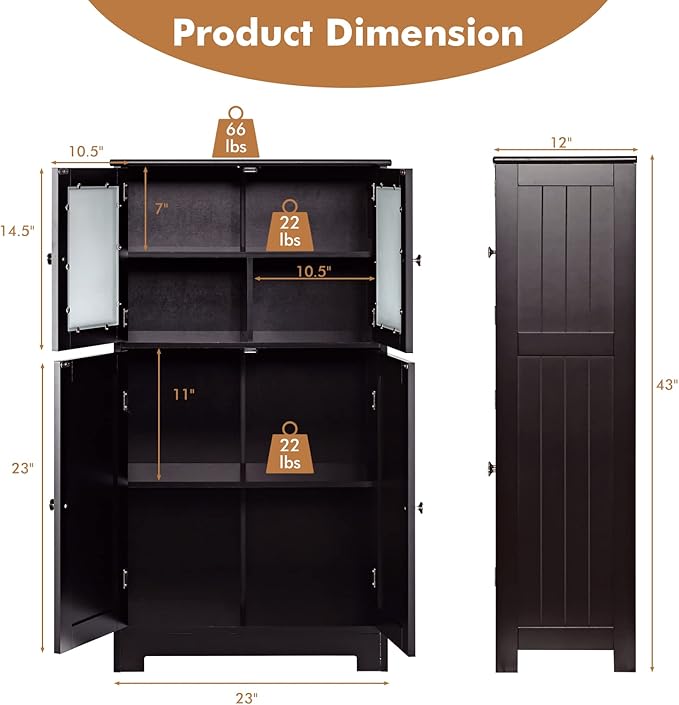 LOKO Bathroom Floor Cabinet, Storage Organizer with Glass Doors, Wooden Kitchen Cupboard with Adjustable Shelf, Versatile Floor Storage Cabinet for Bathroom, Living Room & Kitchen (Brown)