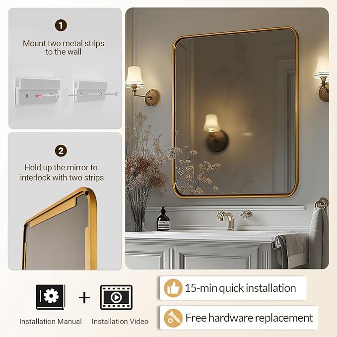 ANDY STAR Brass Mirror, 36x40 Inch Gold Rectangle Mirror for Bathroom with Rounded Corner, Brushed Brass Vanity Rectangular Mirrors with Tube Metal Frame, Wall Mounted