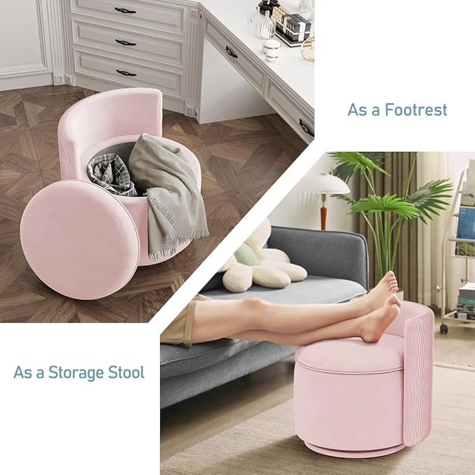 360° Swivel Accent Chair with Storage, Vanity Stool with Back, Velvet Storage Ottoman, Upholstered Round Barrel Vanity Chair for Living Room, Makeup Room, Bedroom (Pink)