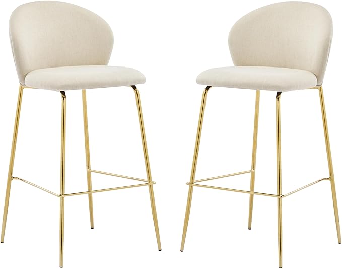 Christopher Knight Home Kira Indoor Upholstered Barstool with Metal Frame Set of 2, Bar Chairs Kitchen Stools, Comfy Fabric Bar Seating for Island Home Office, 29.5''Seat Height, Beige+Gold