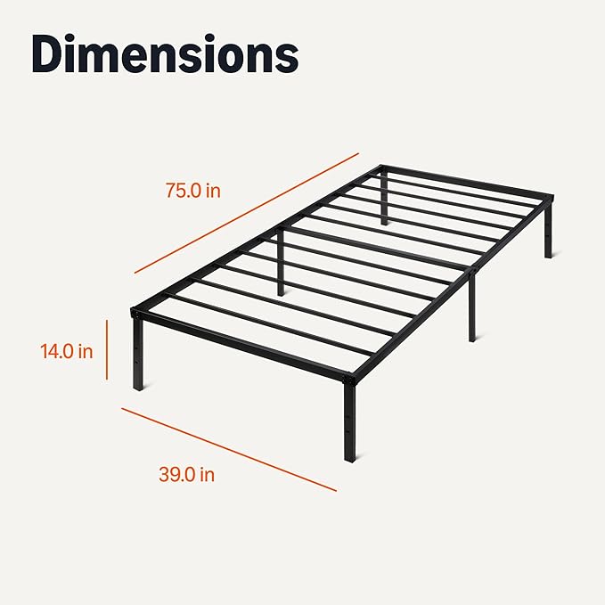 Amazon Basics Metal Bed Frame, Non-Foldable Platform Bed, Easy Assembly, Twin, 39W x 75L x 14H in, Black