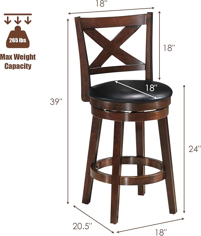 COSTWAY Bar Stools Set of 2, Counter Height Dining Chair, Fabric Upholstered 360 Degree Swivel, PVC Cushioned Seat, Perfect for Dining and Living Room