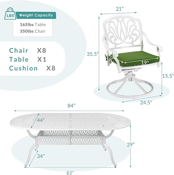 MEETWARM 9-Piece Outdoor Patio Dining Set, All-Weather Cast Aluminum Patio Conversation Set for Backyard Garden Deck with 8 Cushioned Swivel Rocker Chairs, 1 Oval Table, 2" Umbrella Hole, White